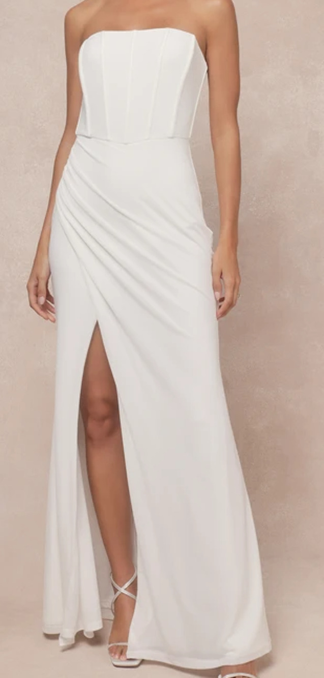 LULU'S XS Beautiful Grace White Mesh Strapless Bustier Tulip Maxi Dress new B29